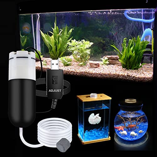 Mini Aquarium Air Pump,USB air Pump for 5 Gallon Aquarium Decorations Adjustable Fish Tank Aerator Includes Aquarium Oxygen Tube + Air Stones, USB Power Bank Aquarium air Pump