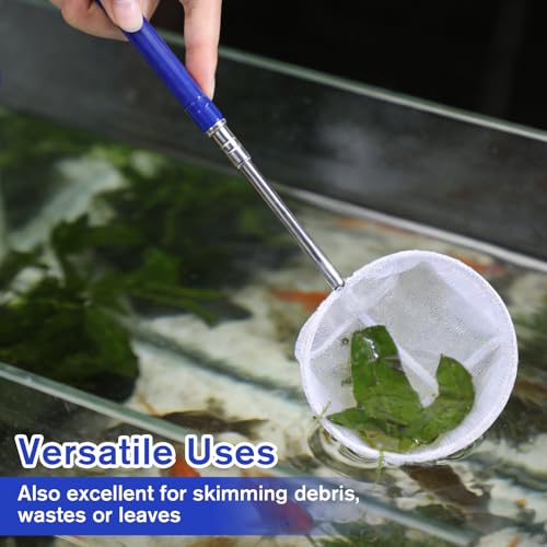 Aquarium Fish Net, 4 Inch Fine Mesh Shrimp Nets with 12.4" to 43" Long Extendable Stainless Steel Handle Round Small Fish Nets for Fishes Shrimp Tank Pond Creek Food Residue Debris Skimming Tool