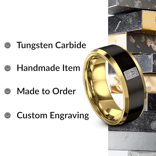 Gift for Muslim Devotee - Prayer Rug Pattern Ring - Black Yellow Rose Gold - Band - Anniversary Wedding - Personalized Custom Engraving - Flat Dome Bevel - 8mm - Men Women - Tungsten Carbide - color: 14 - Yellow Gold Black Tungsten