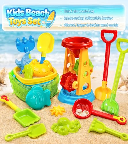 Collapsible Beach Sand Toys for Kids Toddlers with Sand Bucket, Water Wheel | Beach Sifter Shovels Set with Mesh Bag and Sand Molds, Travel Beach Sandbox Toys for Boys Girls 3 4 5 6 7 8 9 10+