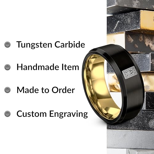 Gift for Muslim Devotee - Prayer Rug Pattern Ring - Black Yellow Rose Gold - Band - Anniversary Wedding - Personalized Custom Engraving - Flat Dome Bevel - 8mm - Men Women - Tungsten Carbide - color: 13 - Yellow Gold Gunmetal Tungsten