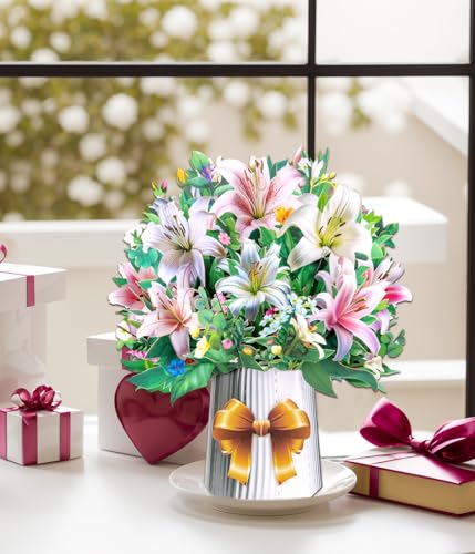 3D Pop Up Flower Bouquet Cards with 3 Envelopes & Blank Notecards, Featuring Multicolor Roses & Butterflies, White Daisies & Lavender, Pink & White Lilies for Birthday, Mother's Day, Get Well, Anniversary,All Occasions - style: Roses Lilies Daisies