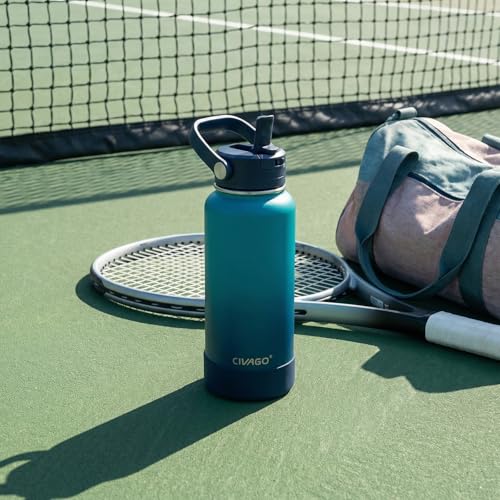 CIVAGO 32 oz Insulated Stainless Steel Water Bottle with Detachable Straw, Large Metal Water Jug with Bucket Handle, Leakproof Sports Water Flask with Silicone Boot, Dishwasher Safe, Dark Rainbow - color: Dark Rainbow, size: 32 Ounces