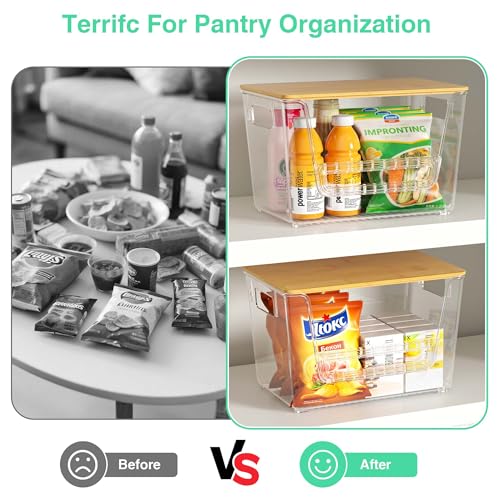 2 Pack Pantry Organizers,Clear Storage Bins with Bamboo Lids | Stackable Potato and Onion Boxs,Trash Bag Dispenser for 4-13 Gal Bags,kitchen Countertop Organizer for Produce or Snacks