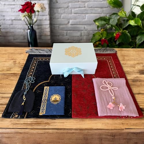 SAIKA 7 Pieces Prayer Rug Set, Prayer Rug Set for Couples & Families, Prayer Beads, Scarf, Muslim Hat, Prayer mats & Short Surahs Book, Islamic Gift, Janmaz, Salah mat, Rmadan Gift (Blue Box Set) - color: Blue Box Set