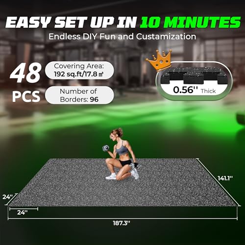 0.56" Rubber Top Gym Flooring, Heavy Duty Interlocking Gym Mats for Home Gym, Non-Slip Workout Mat, 24 x 24in Large Gym Floor Mat, Protect Floors from Equipment, 192 Sq Ft, Black/Grey - size: 48 Tiles (192 Sq Ft)