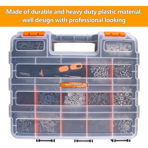 HobbyPark RC Hardware Organizer Box Adjustable Compartments Removable Dividers Durable Plastic Double Side Tools Box Screw Organizer For Nuts, Bolts, Screws, Nails, Small Parts, Tools