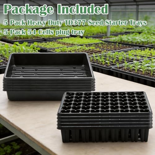 RooTrimmer 5 Pack Seedling Starter Trays No Holes and 5 Pack 54 Cell Seed Starter Trays Extra Deep 2.8" - Heavy Duty Plastic Nursery Trays for Seed Germination & Plant Propagation (5 Sets) - size: 54 Cells Plug Tray-5P+54 Cells Bottom Tray-5P
