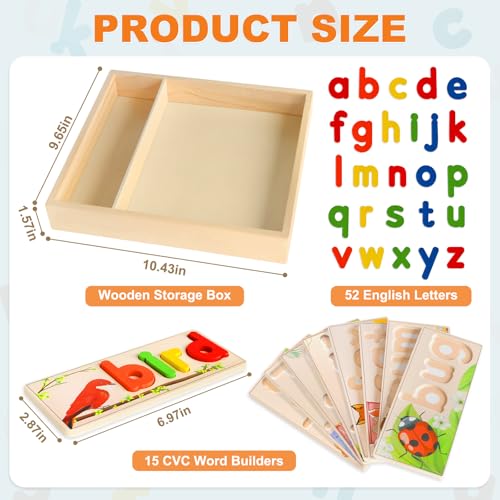 Wooden See & Spell Learning Toys for 2 3 4 5 Year Old Kids, Preschool Learning Activities Alphabet Flash Cards, Educational Match Letter Game Board, CVC Word Builder Montessori Toys Gifts for Boy Girl