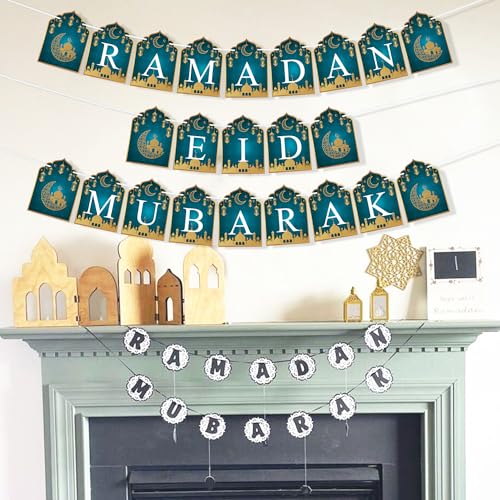 VILIFEVER 2 in 1 Ramadan Eid Mubarak Banner with Lantern Moon Star Sign, Eid Ramadan Mubarak Decorations for Mantel Fireplace Al-fitr Party Decoration Supplies