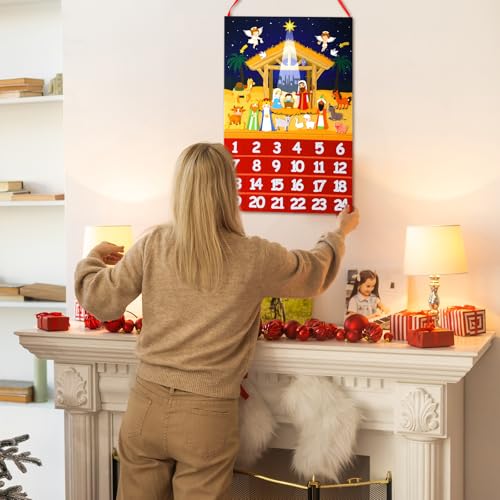Wonderjune Nativity Advent Calendar Christmas Felt Hanging Advent Calendar Craft Religious Jesus Christian Nativity Scene Countdown to Christmas with 24 Ornaments Pockets Xmas Holiday Wall Decoration