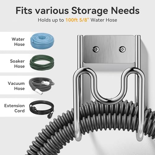 Garden Hose Holder Wall Mount - SS304 Stainless Steel Water Hose Hanger Heavy Duty Rack for Extension Cords Vacuum Hose Outside Silver (1 Pack)