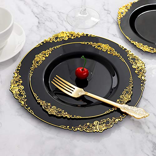 Hioasis 175pcs Black and Gold Plates - Black Party Plates for 25 Guest, Include 50 Heavy-duty Plates(20% Thicker Than Standard), 75 Cutlery Set, 25 Napkin, 25 Cups for Graduation - color: Black and Gold