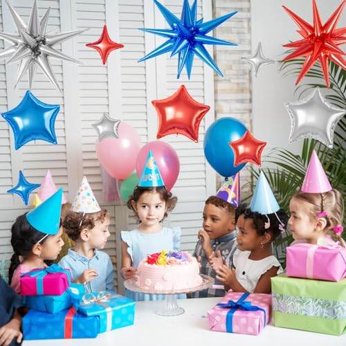 Red Blue Silver Star Balloons,16Pcs 22/18/10 Inch Foil Grad Party Decor - color: Red Blue Silver