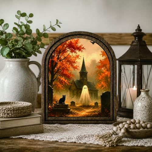 Halloween Ghost Cat Arched Table Sign, Rustic Farmhouse Decor - color: Ghost Church Graveyard