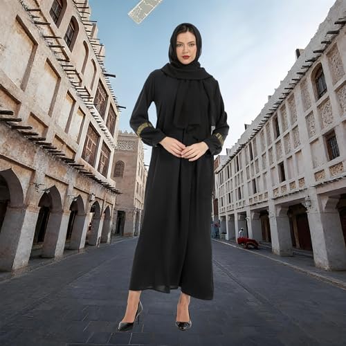 GYQMBT Womens Muslim Printed Abaya,Long Sleeve Zipper Islamic Robe Prayer Clothes with Hijabs - color: Black, size: Small