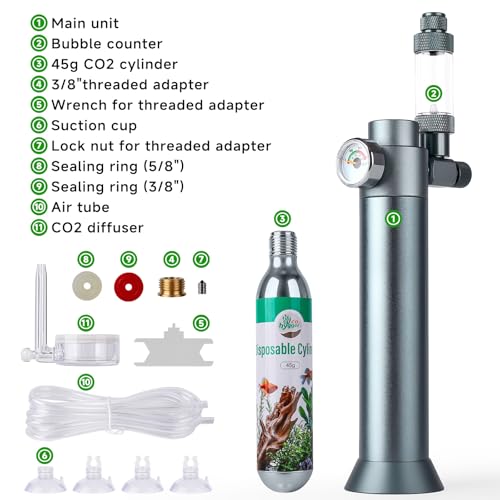 Complete Aquarium CO2 System, Desktop CO2 Regulator with 45g Disposable CO2 Cartridge, Compatible with 5/8" and 3/8" Threaded for Nano Aquariums
