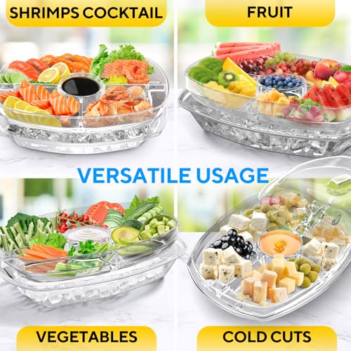 Premium Chilled Serving Tray for Parties - 15" Ice Chilled Party Platter w/Lid & Dip Holder - Functional Cold Dish w/ 4 Compartments - Perfect for Fruits, Veggies, Shrimp Cocktail - Keeps Food Cool