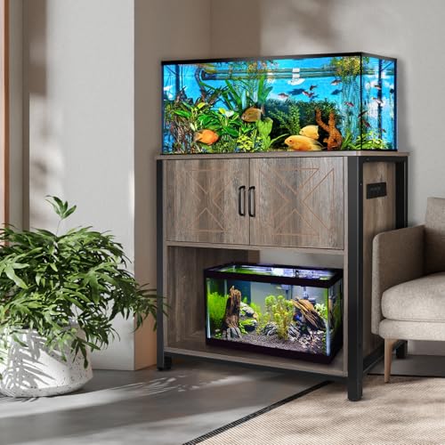 Beuruku 40 Gallon Aquarium Stand with Cabinet & Power Outlets, Heavy Duty Metal Stand for 40-50 Gallon Breeder & Turtle Tanks, Double Terrarium Stand, 660LBS Capacity, Grey - color: Grey, size: 40-50 Gallon