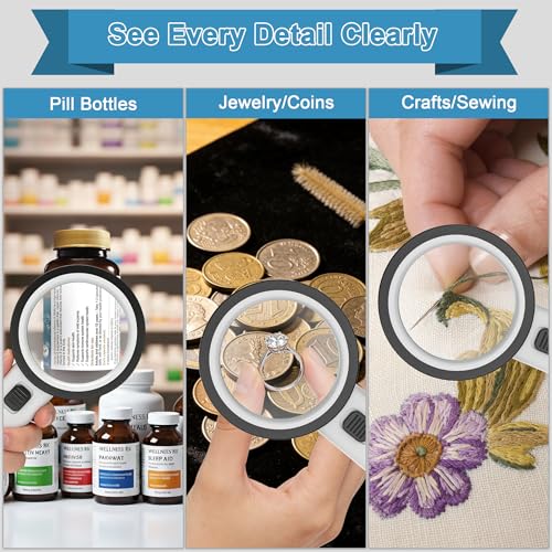 Nazano Magnifying Glass with 12 LED Lights for Senior Reading, 10X | Ultra-clear Handheld Reading Magnifier for Seniors, Macular Degeneration, Close Work, Coins & Pill Bottles
