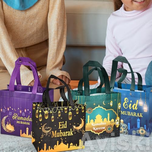 Aviski 16PCS Eid Mubarak Reusable Gift Bags, Treat Bags with Handles, Ramadan Mubarak Party Bags, Multifunctional Non-Woven Eid Bags for Gifts Wrapping, Ramadan Kareem Party Supplies, 23×22×11cm