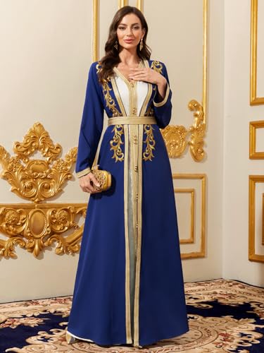 Elegant Muslim Dress with Gold Embroidered Evening Gown, Traditional Islamic Attire - color: Royal Blue, size: Small