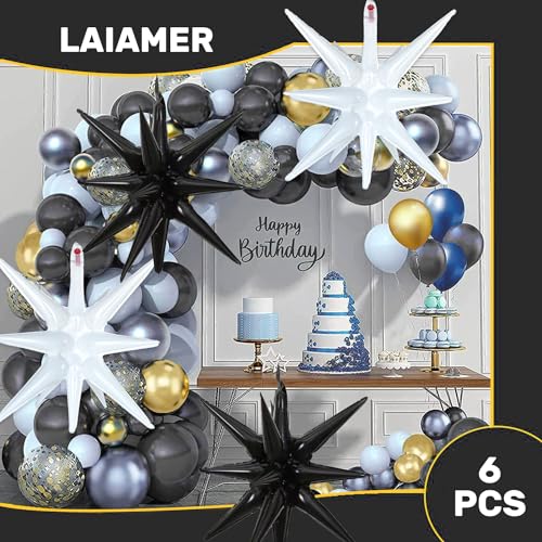6 Pcs White Black Star Foil Balloons One-Piece 14-Pointed Star Balloon 4D Starburst Cone Mylar Balloon 22inch Christmas Birthday Wedding Wedding Anniversary Party Supplies (White + Black) - color: 22 Inches White + Black