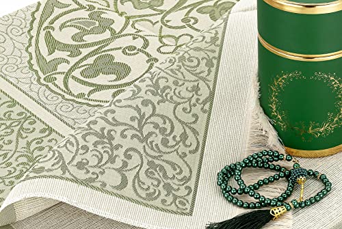 ihvan online Muslim Prayer Rug and Prayer Beads with Elegant Design Cylinder Gift Box, Janamaz, Soft Sajadah, Islamic Gifts Set, Portable Prayers Carpet Mat, Taffeta Fabric, Green - color: Green