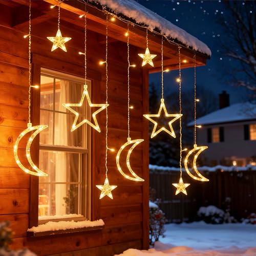 Moon Stars Solar String Lights for Outdoor, Christmas Decorations Curtain Lights with Remote Control and USB Backup Charger, Automatic ON-Off, IP65 Waterproof, Warm Yellow