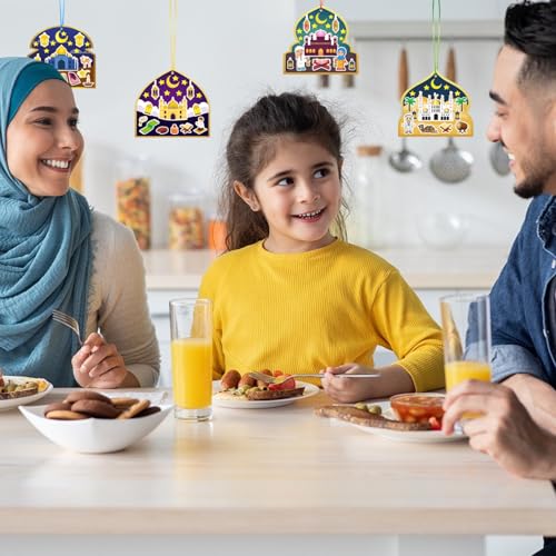 Eid Stickers Kit, 36 Pcs Eid al-Fitr Craft Supplies Set with 12 Stickers, 12 Cards & 12 Ribbons for Ramadan Greeting Cards, Gift Decorating