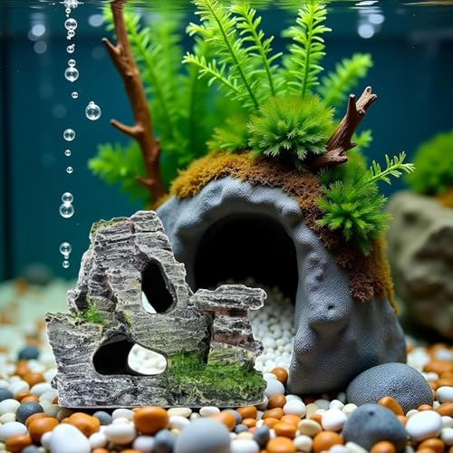Resin Aquarium Mountain Decor with Moss Rock Cave - Multi-Level Terrain for Fish Tank Landscaping, Natural-Looking Rockery Design with Hidden Cave and Crevices for Shrimp