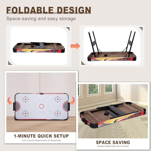 58 Inch Foldable Air Hockey Table, LED Folding Hockey Table Game Set w/2 Pucks, 2 Pushers, Powerful Motor, Hockey Table Gaming Set for Adults and Kids, Home Game Room