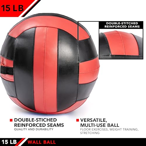 JFit Wall Ball – Premium Soft Weighted Exercise Ball for Strength, Conditioning, Gym & Home Workouts, 4-30 LB - color: Red/Black, style: 15 LB