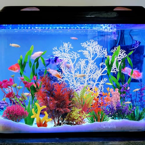 QUOZUO Aquarium Decorations Plants with Resin Coral, 12 pcs Fish Tank Accessories, Fish Tank Decorations Small Plants Plastic, Aquarium Decor Artificial Plant