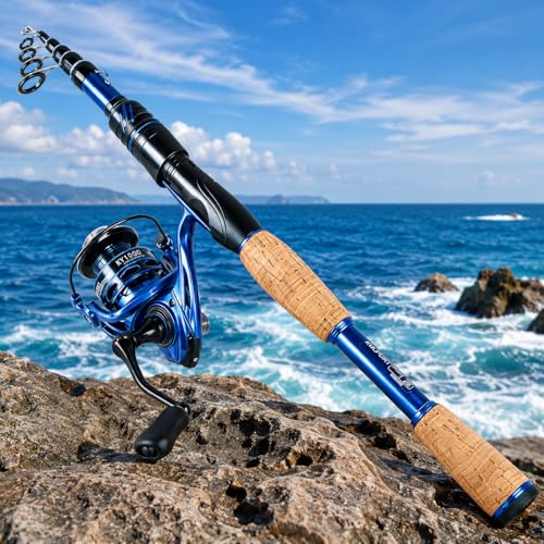 Telescopic Fishing Rod and Reel Combo | 30T Carbon Fiber Spinning Rod with 12+1BB Reel | Portable Lightweight Pole | Bass Trout Panfish | Freshwater Saltwater - color: Bule Combo with Tools