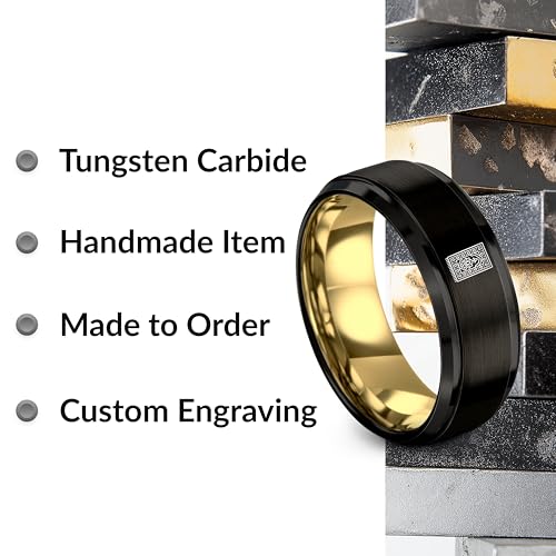 Gift for Muslim Devotee - Prayer Rug Pattern Ring - Black Yellow Rose Gold - Band - Anniversary Wedding - Personalized Custom Engraving - Flat Dome Bevel - 8mm - Men Women - Tungsten Carbide - color: 06 - Yellow Gold Black Tungsten