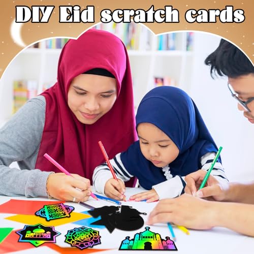 Deekin 120 Pcs Eid Scratch Paper Set Ramadan Crafts Scratch Cards Hanging Ramadan Gifts Eid Magical Party Activities DIY Art Painting Project Supplies