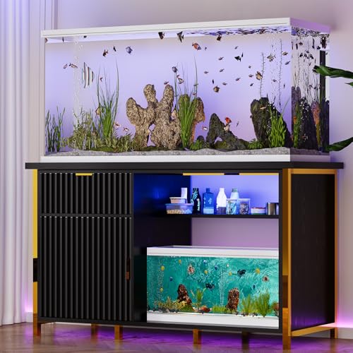 55-75 Gallon Fish Tank Stand with Power Outlets, LED Light, Vertical Lines, Heavy Duty Aquarium Stand with Cabinet for Fish Tank Accessories Storage, Turtle Tank, Reptile Terrarium (Black and Gold) - color: Black and Gold