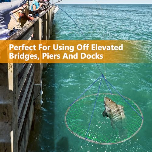QualyQualy Large Bridge and Pier Fishing Net 32''/39'' Hoop, Foldable Drop Net Pier Fishing for Saltwater with Rope, Landing Net with Nylon Mesh, Collapsible Soft Steel Ring - color: Green, size: L: 39''×36''