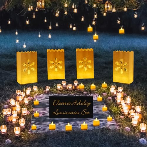 Sabary 50 Sets Luminary Bags with Flameless Tea Lights Outdoor Luminaries LED Lantern Candle Bags for Wedding Birthday Ramadan Christmas Party Decorations Romantic Decor(Snowflake) - style: Snowflake