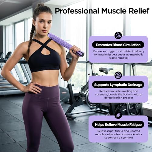 Muscle Roller & Massage Roller Stick for Athletes - Lymphatic Drainage Support, Relieves Muscle Soreness, Cramping & Tightness - Targets Legs, Arms, Back & Calves (Purple Wheel) - color: Purple