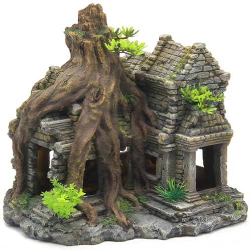 Resin Fish Tank Decoration, 9.1 in Large Aquarium Decoration, Fish Hiding Cave with Ancient Stone Texture, Aquarium Tree Root Ornament, Safe for Salt & Freshwater Fish Tank