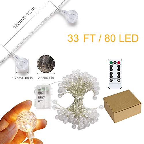 Battery Operated Globe String Lights,Water Proof 33 FT 80 LED Crystal Ball String Lights 8 Modes With Remote Control ,Indoor Outdoor LED Fairy Lights for Home, Christmas, Party Patio, Warm White - color: Warm White-1Pack 33FT