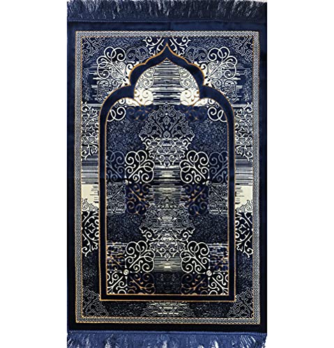 Modefa Prayer Mat | Turkish Velvet Muslim Prayer Rug Muslim Prayer Mat Islam | Soft Beautiful Prayer Rug Janamaz Sajjadah with Car Hanger | Classic Elegant Swirl (Navy Blue) - color: Navy Blue