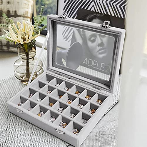 Jewelry Box 24 Grid Velvet Jewelry Tray for Drawers Glass Clear Lid Showcase Display Storage Ring Trays Holder Earrings Organizer Case(Grey)