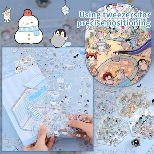 Girls 3D Miniature Scene Stickers, 4 Sets Penguin Holiday DIY House Stickers for Sweet World,Fun Beach,Flower Room,Home Diary, Cute 3D Cartoon Scene Stickers for Adult Kids Relief Stress Pass The Time - style: Penguin Holiday