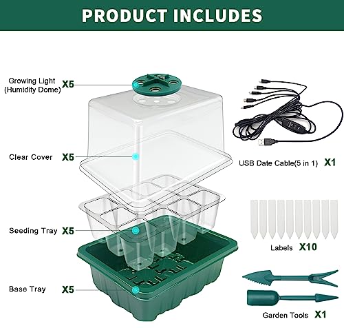 Seed Starter Tray, Seed Propagation Station with Grow Light,5 Pack | Seedling Starting Kit with Time Controller,Mini Greenhouse with Humidity Domes and Base,Plant Tray for Seeds Growing Starting - size: 5 Packs