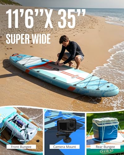 ZLX 11'6"x35" Ultra Wide Inflatable Stand Up Paddle Board | Stable Non-Slip Deck Pad, Unique Fin System, Premium SUP Accessories & Backpack - Upgraded Pump for Adults, All Skill Levels - color: Light Blue