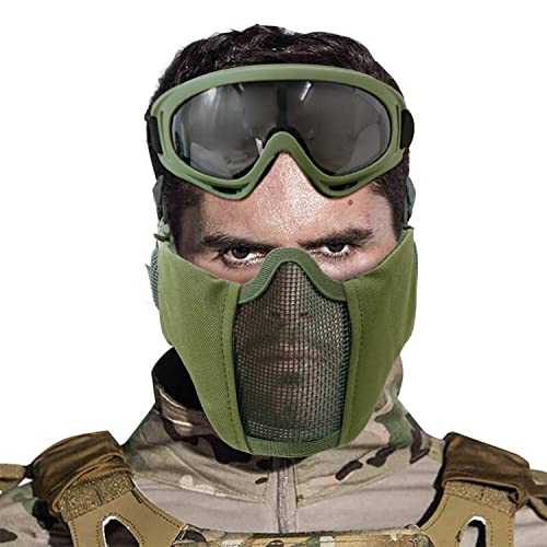 Airsoft Mask with Goggles, Foldable Half Face Airsoft Mesh Mask with Ear Protection for Paintball Shooting Cosplay CS Game - color: ArmyGreen-3pcs, size: 3pcs