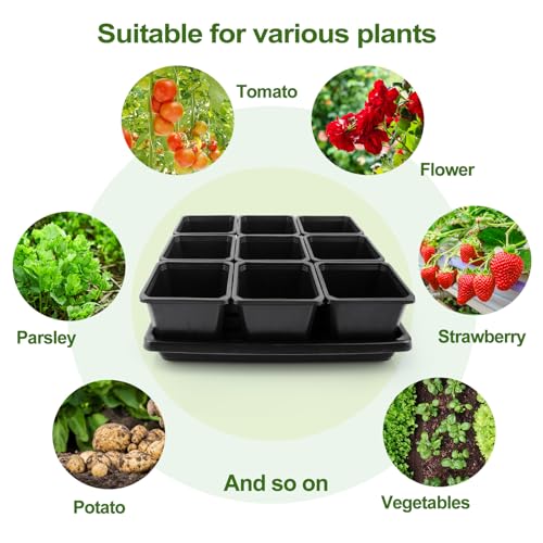 50Pcs 3.5inch Square Nursery Pots with 5Pcs Seed Starting Trays, Seed Starter Tray Kit, Seeds Starting Germination, Seeding Pots with Drain Holes, Small Plant Nursery Propagation - size: 3.5Inch